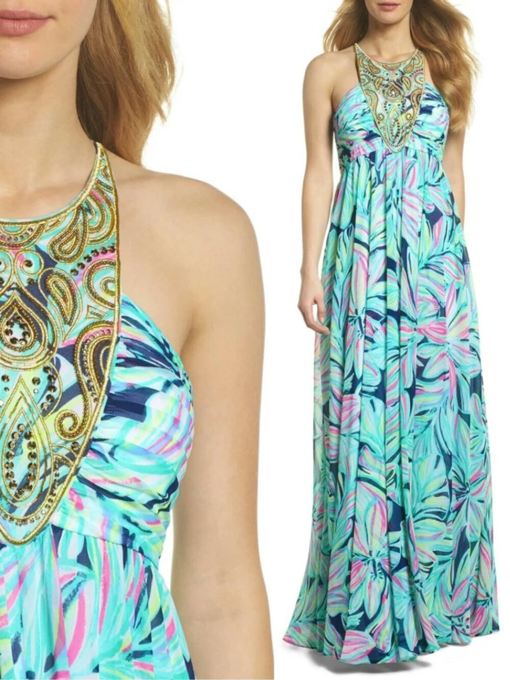 Lilly Pulitzer Lannette  embroidered Dancing Lady Gold Beads Maxi Dress caftan